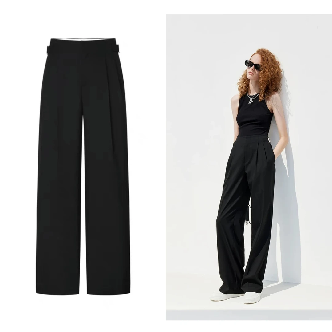 【532】金属装饰扣高腰压褶气质显瘦直筒阔腿长裤休闲裤