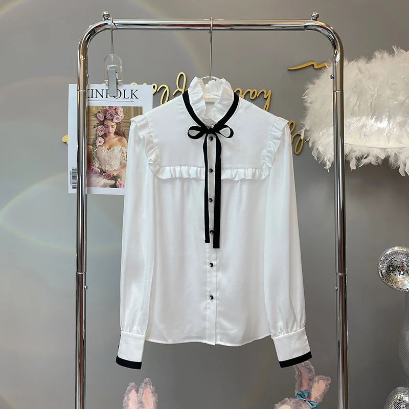 【331】白色上衣女冬秋新款木耳花边立领系带衬衫衬衣