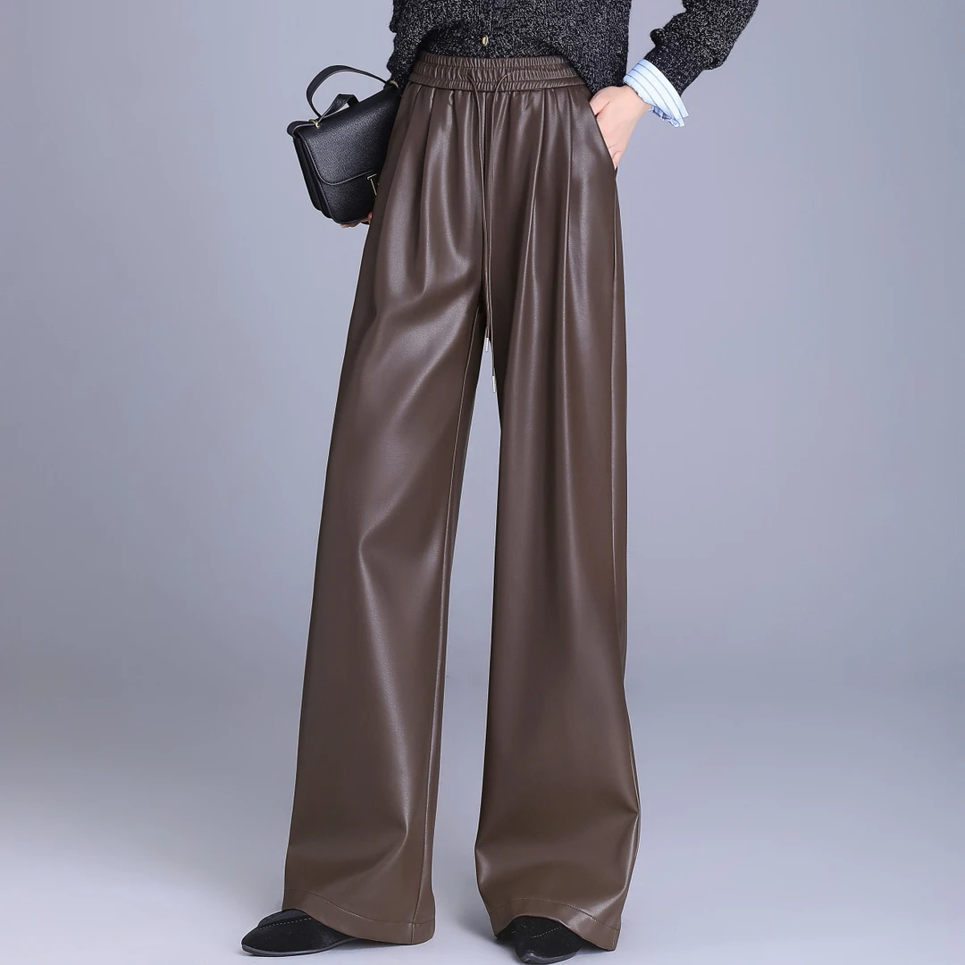2025秋季新款直筒阔腿长裤气质显瘦松紧高腰PU皮裤宽松女士休闲裤