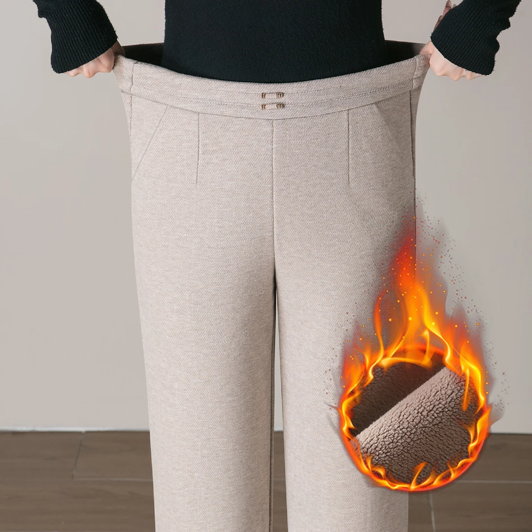 冬季中年女裤加绒加厚松紧腰窄版直筒阔腿长裤大码高腰毛呢休闲裤