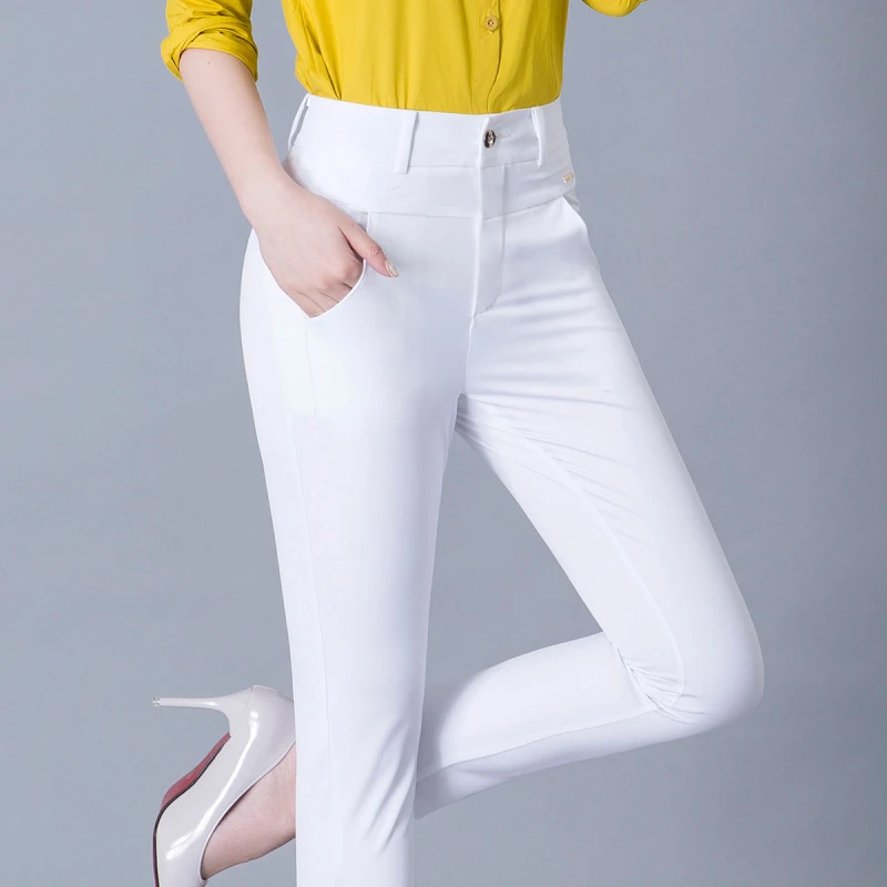 秋季铅笔裤四面弹力女裤白色九分裤中腰秋装女士休闲裤修身小脚裤