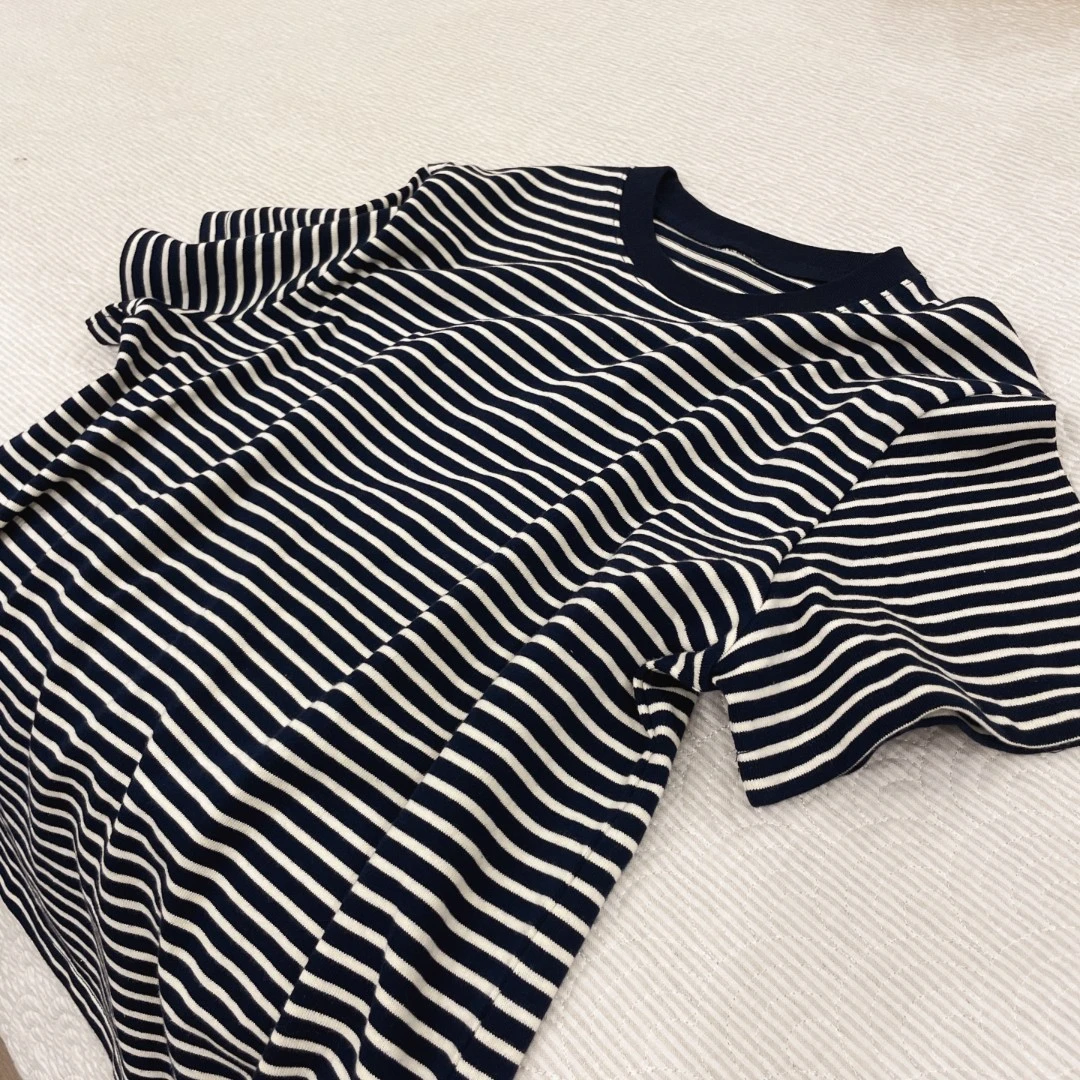 【细条纹t】经典百搭藏蓝条纹圆领短袖舒适纯棉休闲T体恤