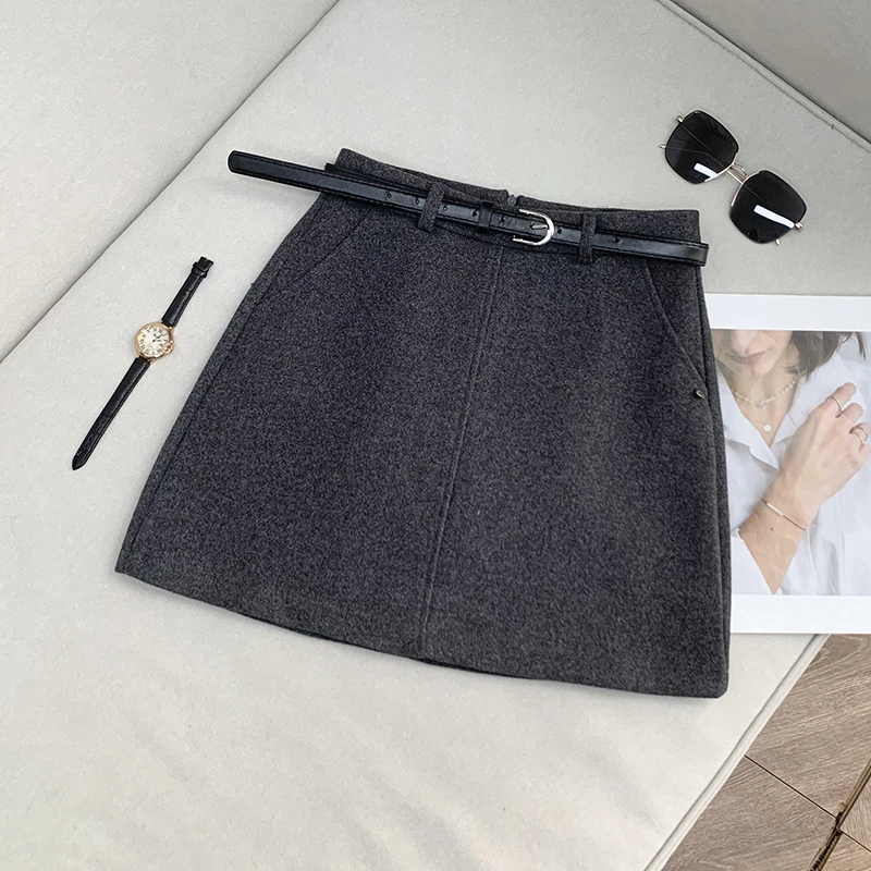 【南油子宸】灰色系高腰显瘦气质秋冬毛呢A字半身裙短裙a字800234