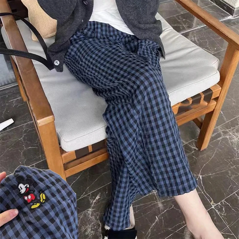睡裤女刺绣米奇格子裤夏季薄款宽松休闲居家裤秋天可外穿遛弯裤子