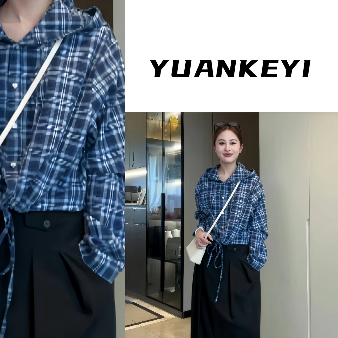 YUANKEYI【蓝调】纯棉格纹连帽衬衫短外套
