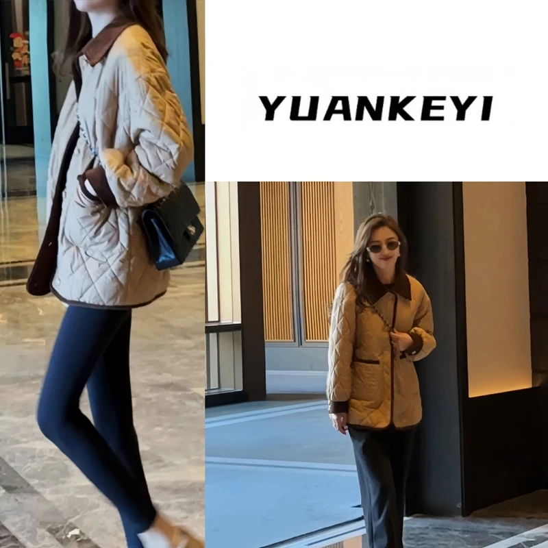 YUANKEYI撞色拼接翻领菱格棉服