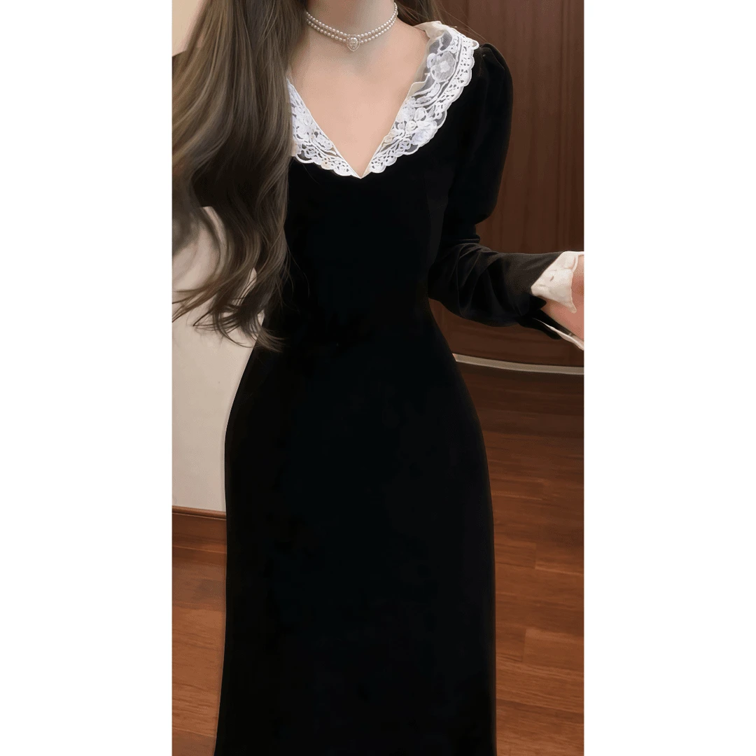 港风复古蕾丝花边拼黑色丝绒连衣裙女收腰气质小黑裙礼服长裙轻奢