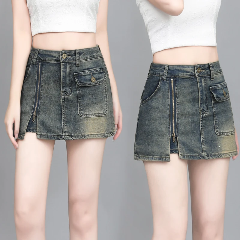 春夏防走光高腰显瘦A字牛仔短裙包臀复古辣妹拉链开叉设计半身裙