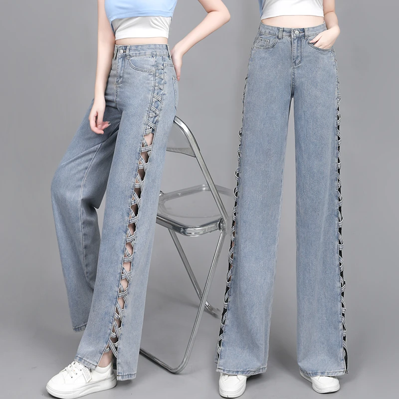 早秋风时尚阔腿镂空直筒垂感夏日高腰牛仔长裤百搭显瘦辣妹牛仔裤