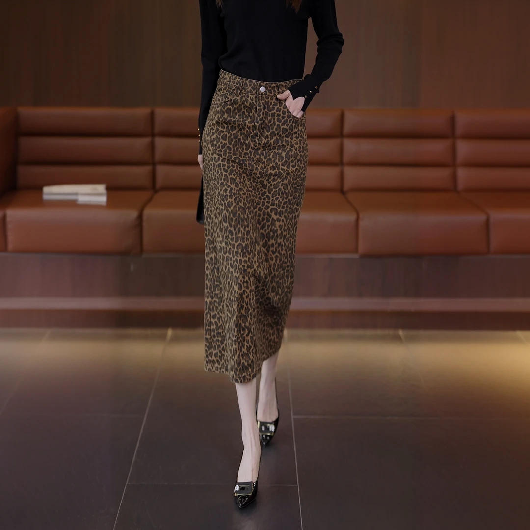 2025秋季新款豹纹牛仔a字半身裙女美式复古时尚气质高腰长裙子潮