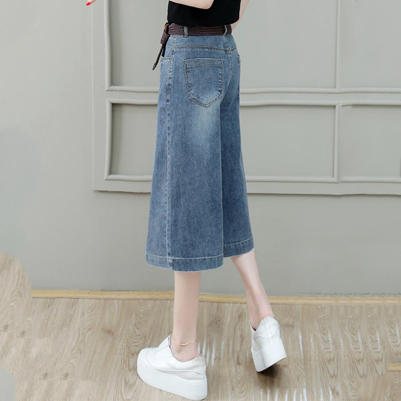 2025新款夏薄款高腰百搭显瘦牛仔阔腿裤宽松七分裙裤中分牛仔裤女