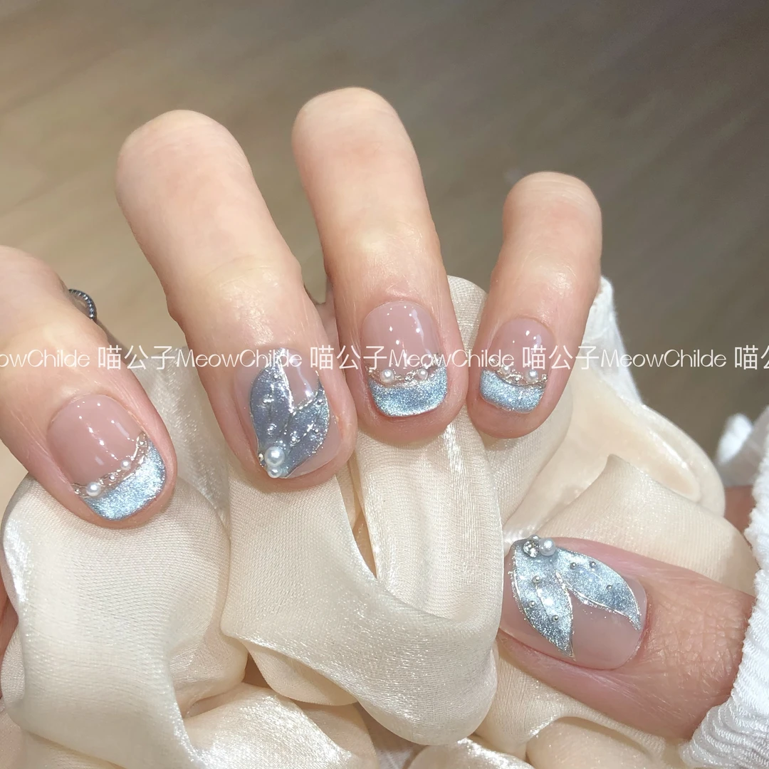 喵公子【蓝人鱼】【设计师款】纯手工穿戴甲可拆卸美甲光疗甲