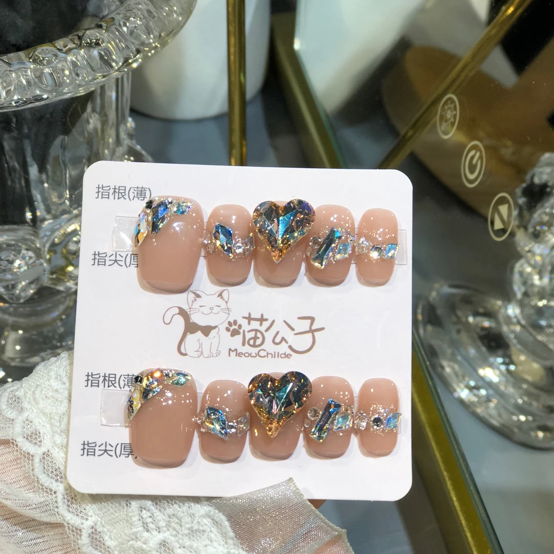 喵公子【珊瑚海】【施家全华钻】纯手工穿戴甲可拆卸美甲光疗甲