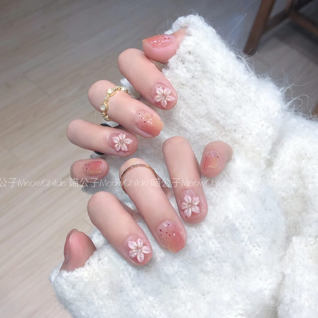 喵公子【朦胧花语】【设计师款】纯手工穿戴甲可拆卸美甲光疗甲