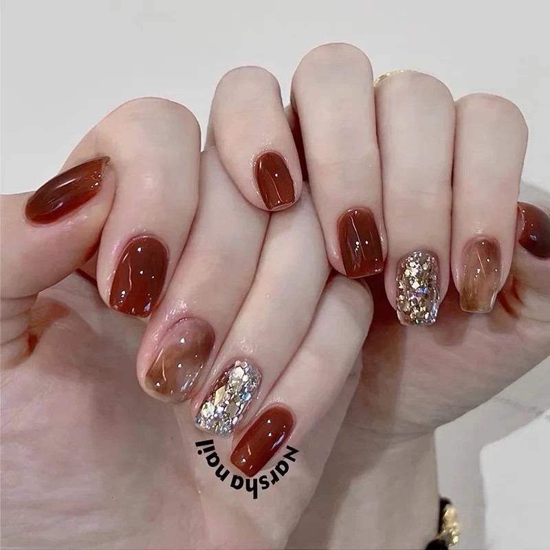 喵公子【烟火】纯手工穿戴甲红色晕染亮片可拆卸美甲光疗甲