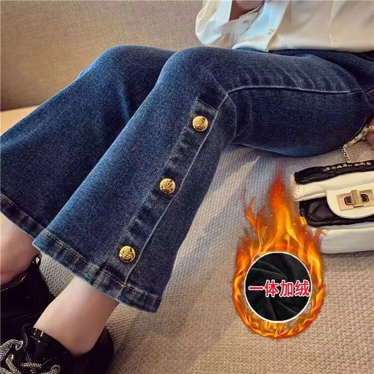 【肉包】女童牛仔裤秋冬加绒加厚一体绒喇叭裤中大童儿童裤子宝宝
