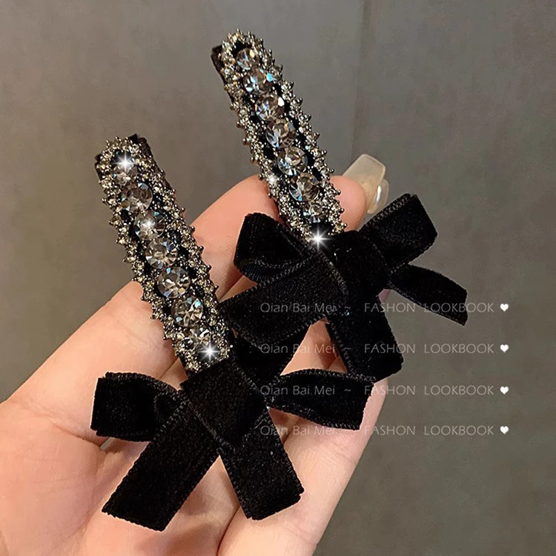 黑色复古丝绒蝴蝶结发夹小香风灰色水钻高级感刘海夹一字夹边夹女