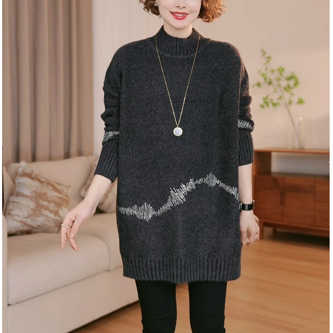 【定制】毛衣女秋冬洋气大码中长款休闲百搭针织衫冬季打底内搭