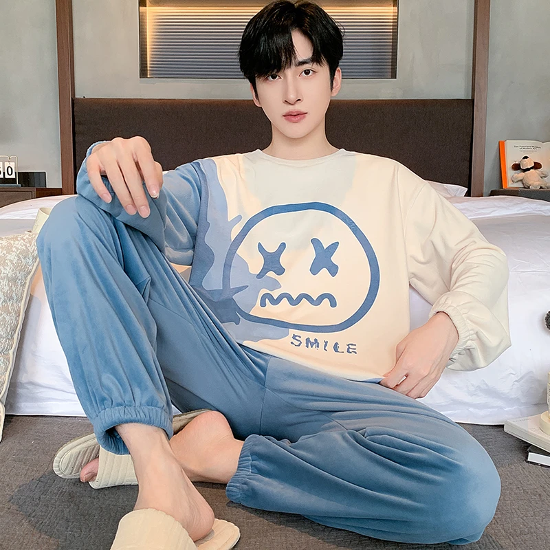 海岛绒睡衣男士秋冬季珊瑚绒加大码春秋款薄绒男款卡通家居服套装