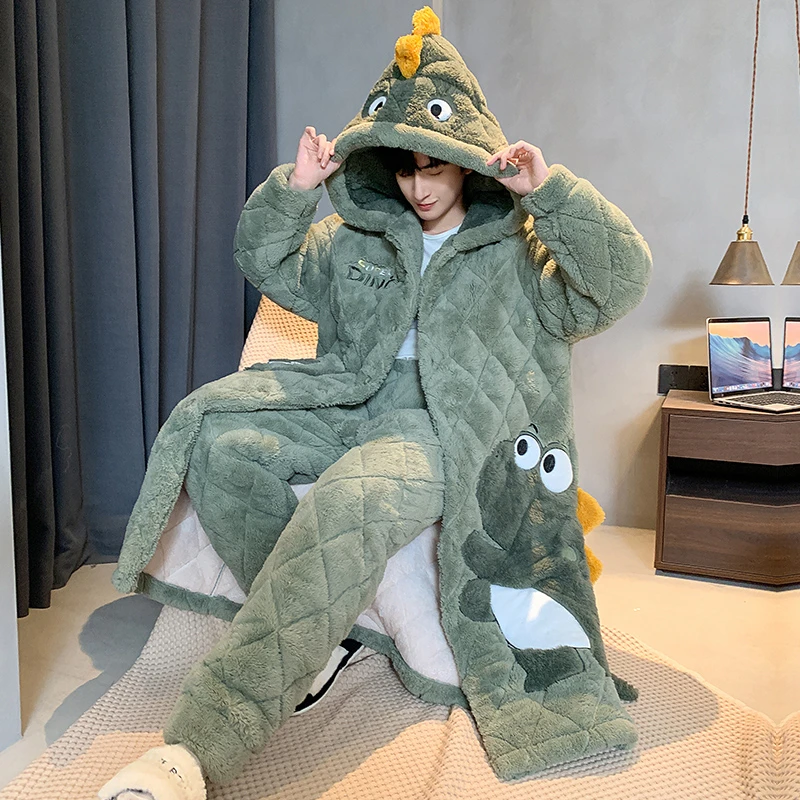 珊瑚绒秋冬季睡衣男士三层夹棉加厚加绒加肥加大码睡袍家居服套装