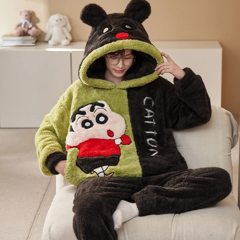 珊瑚绒睡衣男士冬季加绒加厚卡通加肥加大码保暖青少年冬款家居服