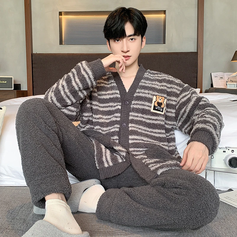 半边绒男士睡衣秋冬季加绒加厚男款珊瑚绒保暖加大码秋冬款家居服