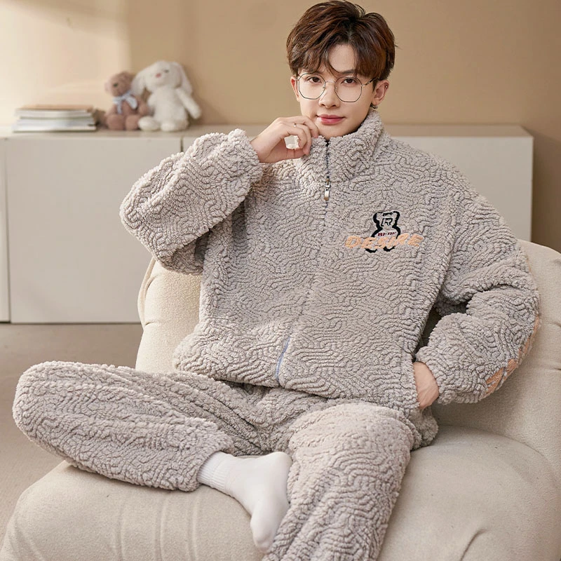 珊瑚绒睡衣男士秋冬季加厚加绒男款保暖大码家居服法兰绒冬款套装