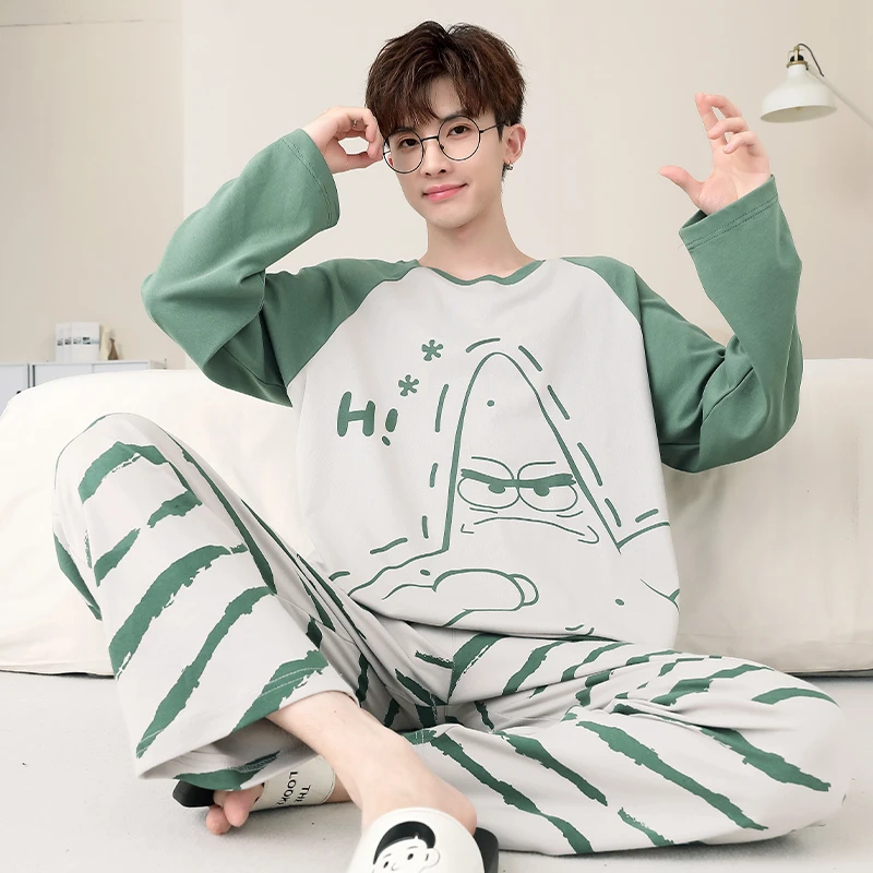 纯棉睡衣男士长袖秋季加大码卡通青少年男款春秋款宽松家居服套装