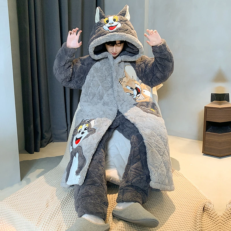 珊瑚绒秋冬季睡衣男士三层夹棉加厚加绒大码青少年睡袍家居服套装