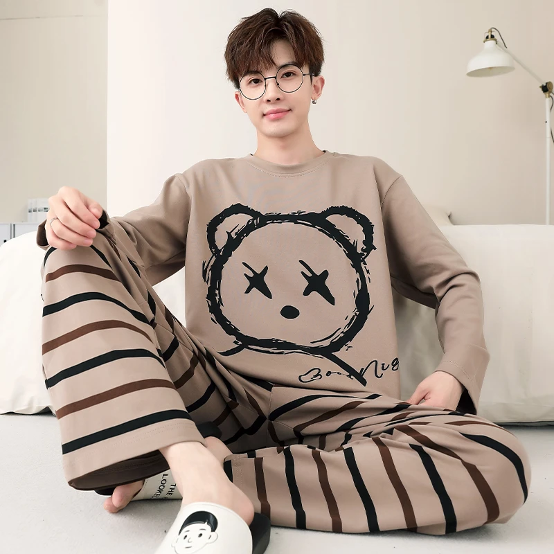 纯棉睡衣男士长袖秋季卡通薄款加大码青少年男款春秋款家居服套装