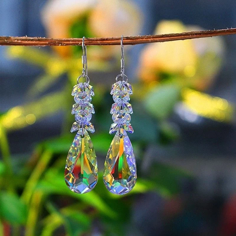 韩版彩色水晶超闪女长款气质复古简约纯银耳环耳饰耳坠许愿石礼物