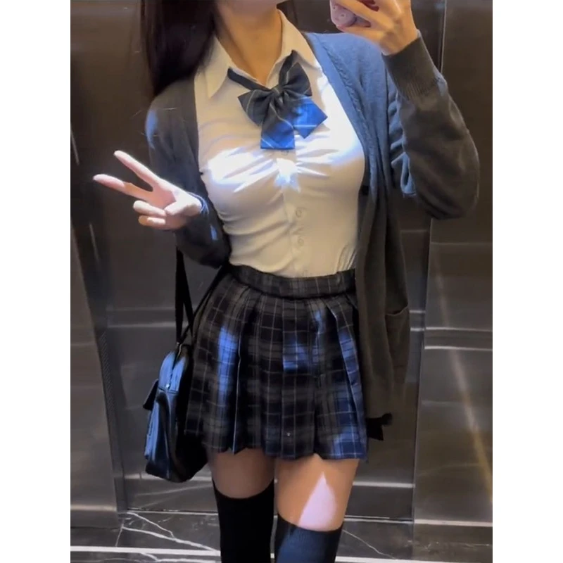 爆款jk针织开衫甜辣收腰衬衫日系jk格裙四件套jk套装jk制服套装