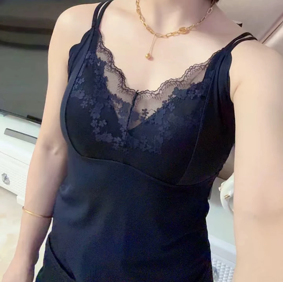 7377新款蕾丝性感网纱无痕美背女薄款一体固定罩杯吊带背心打底