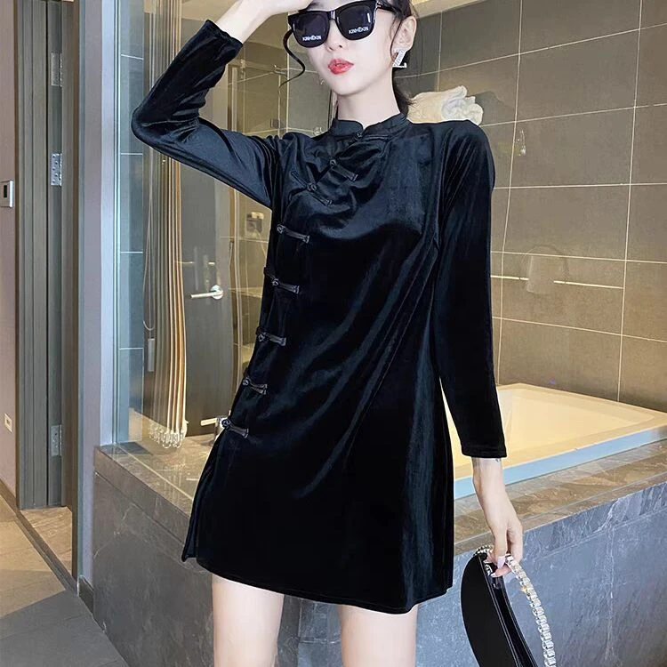 5152# 捡漏新中式国风盘扣丝绒女装连衣裙