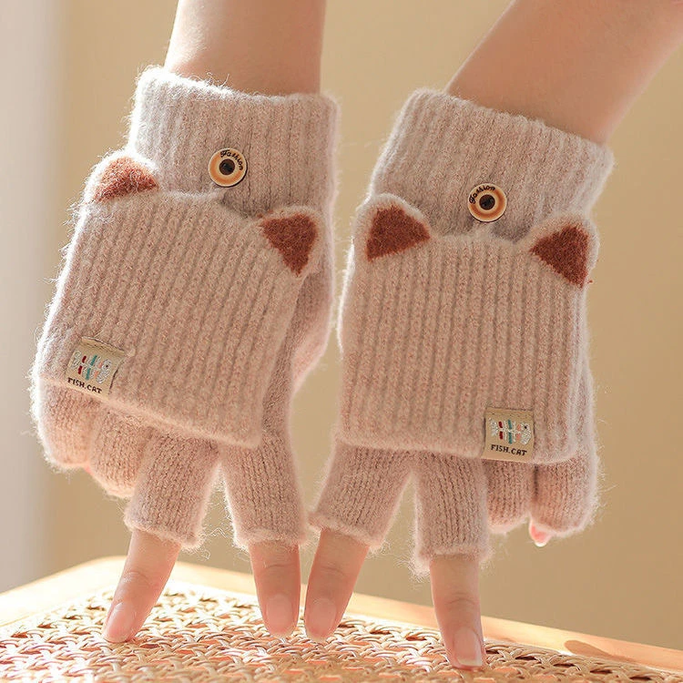 手套女冬季防寒可爱加绒加厚露指冬保暖春秋学生半指五指翻盖冬天