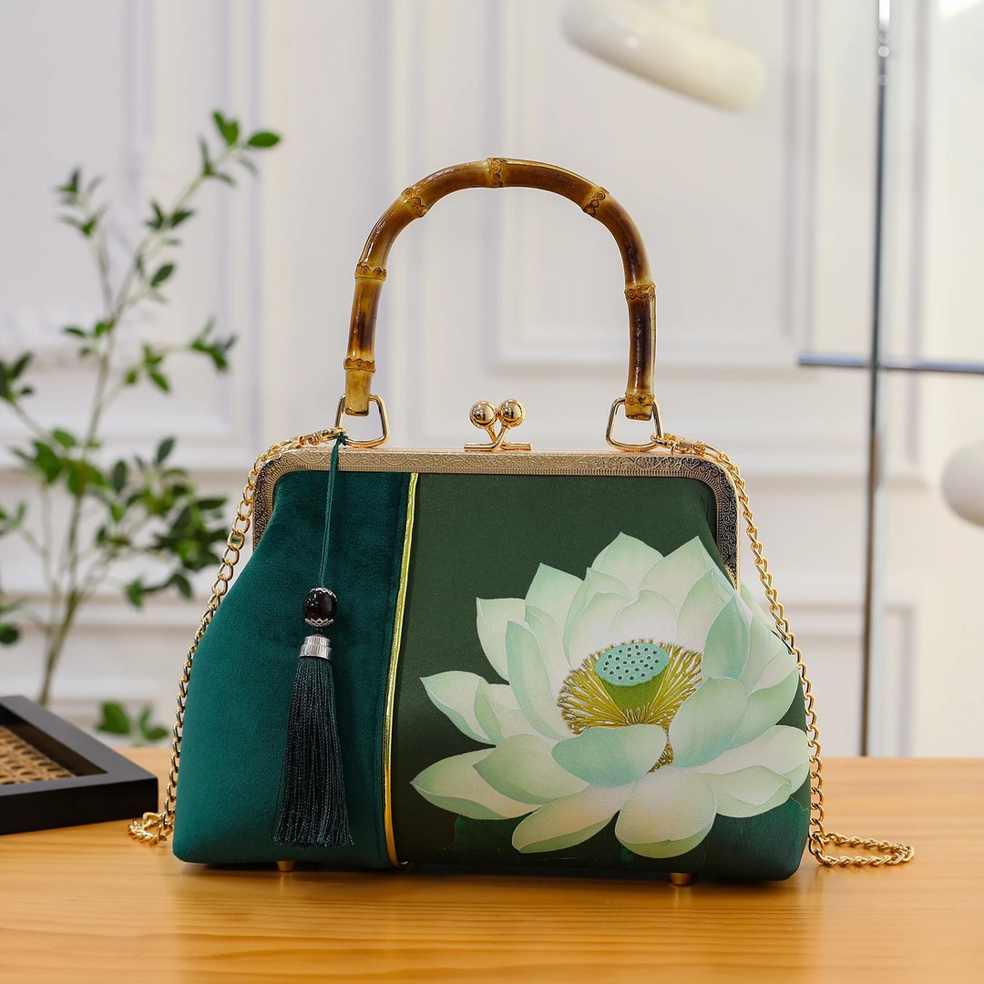 【出水芙蓉】新中式国风旗袍马面裙搭配竹节提手印花手提斜挎包A507