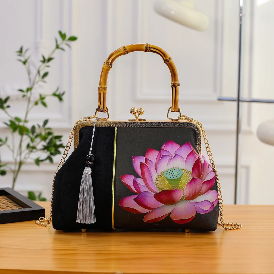 【出水芙蓉】新中式国风旗袍马面裙搭配竹节提手印花手提斜挎包A396