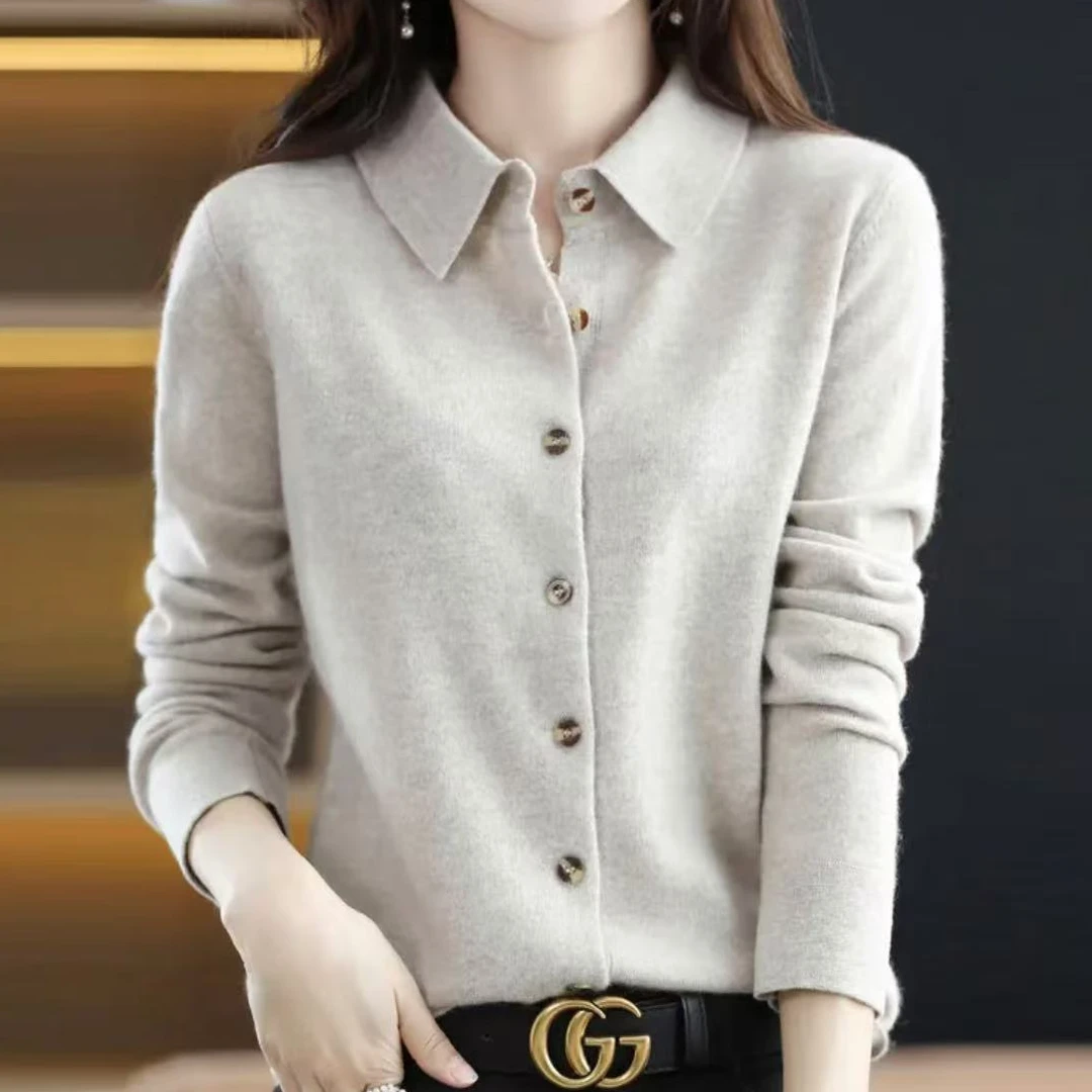 100% 羊毛POLO领开衫女休闲百搭WQ