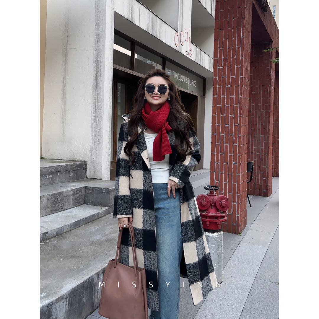 应小姐【巧可慕斯】微胖大码韩系慵懒气质高级风夹棉中长款毛呢大衣