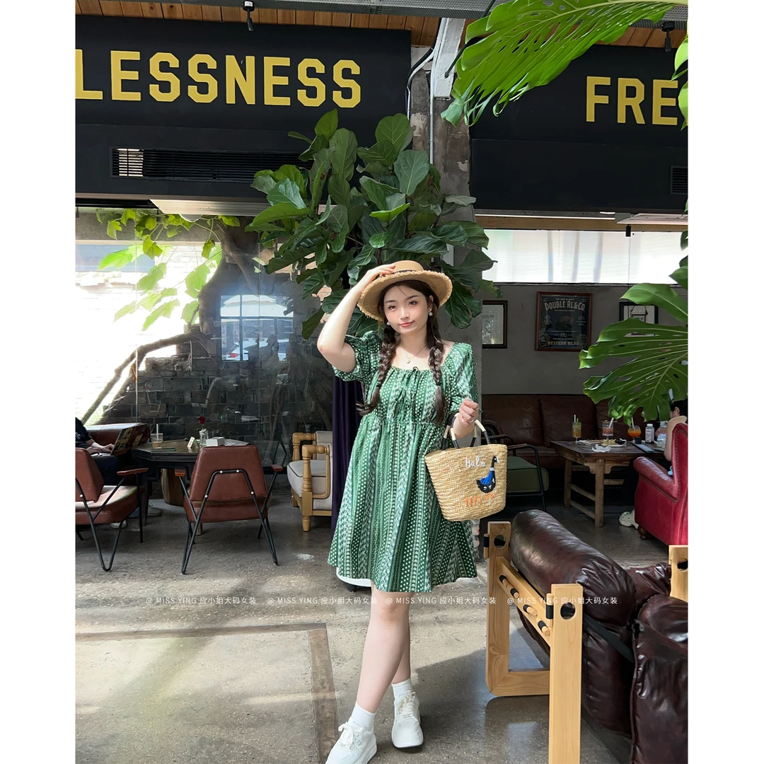 应小姐【泰兰德夏日】微胖大码韩系显瘦气质绿色碎花宽松方领连衣裙