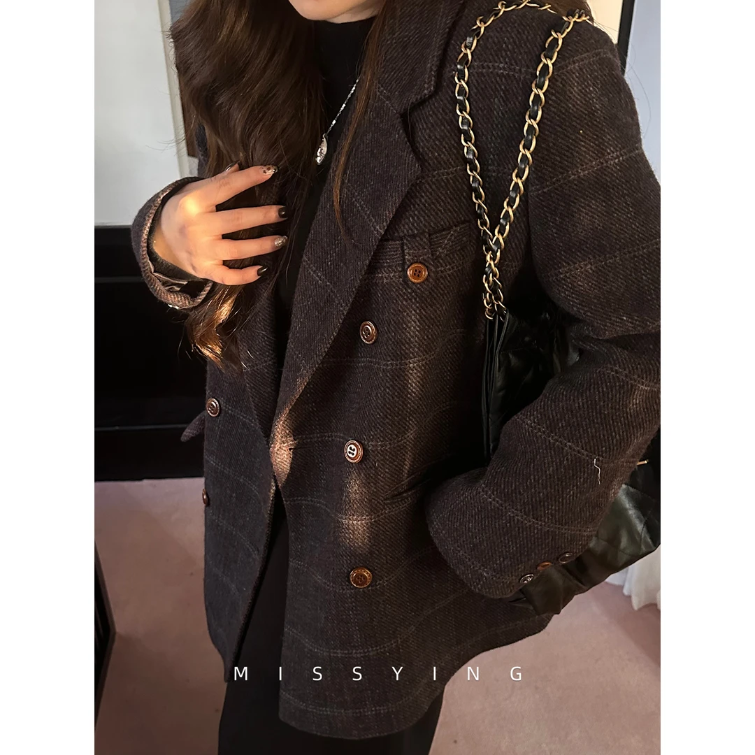 应小姐【西格手记】微胖大码经典复古风时髦miu系格纹毛呢西装外套