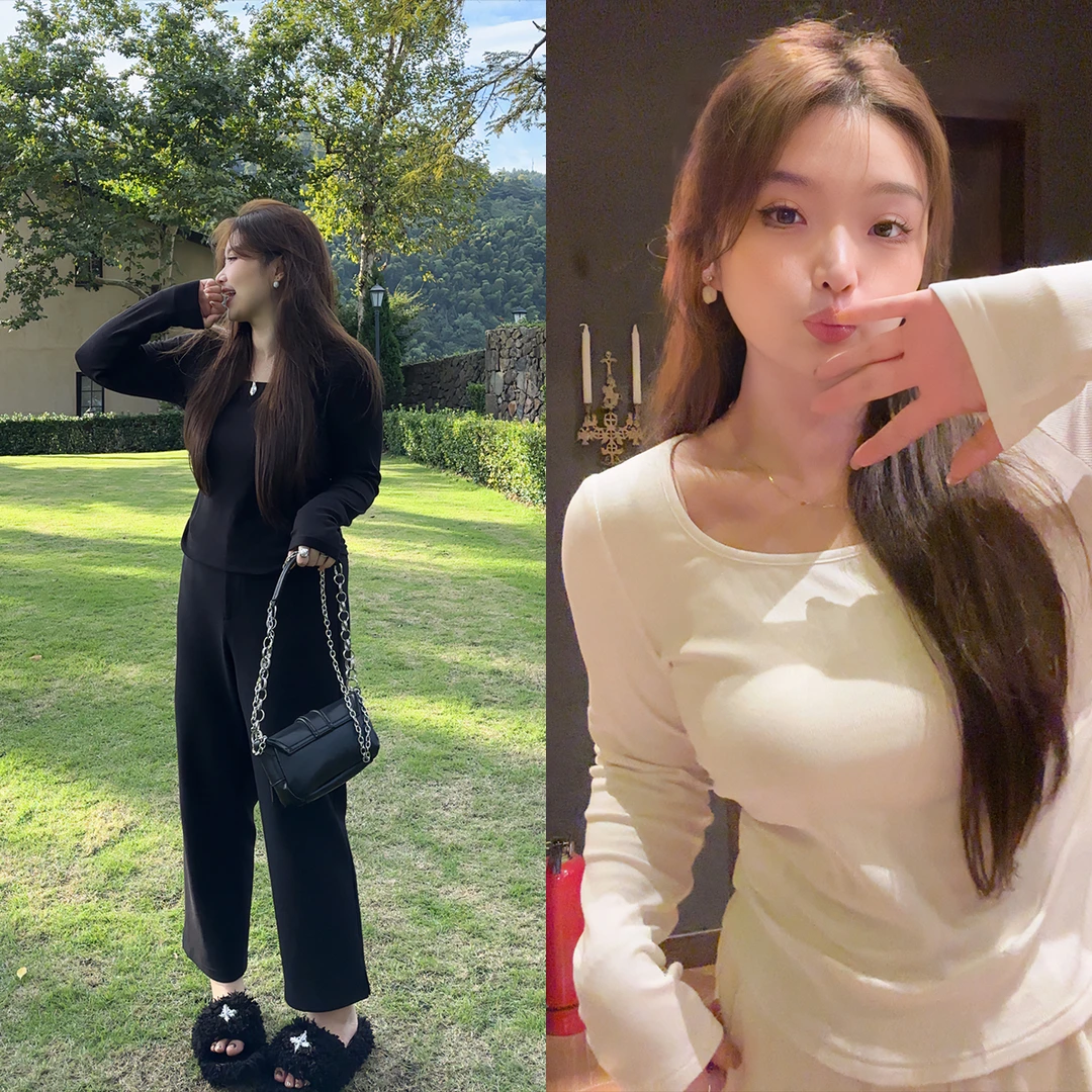 应小姐【贝壳信片】微胖大码韩系时尚宽松休闲简约纯色U领打底衫T恤