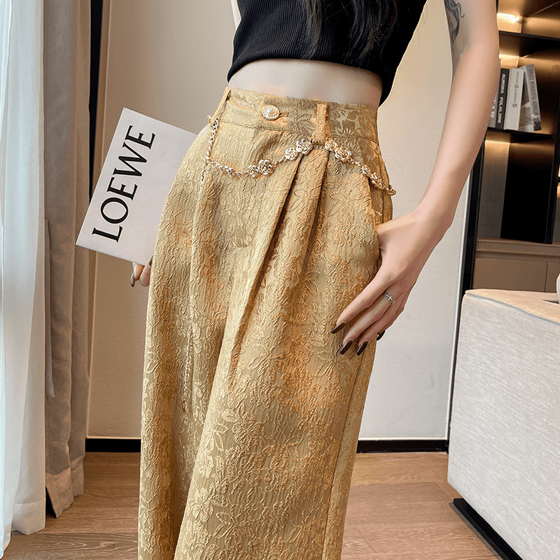 新中式国风花纹裤子女夏季新款小个子垂感金色百搭宽松阔腿拖地裤
