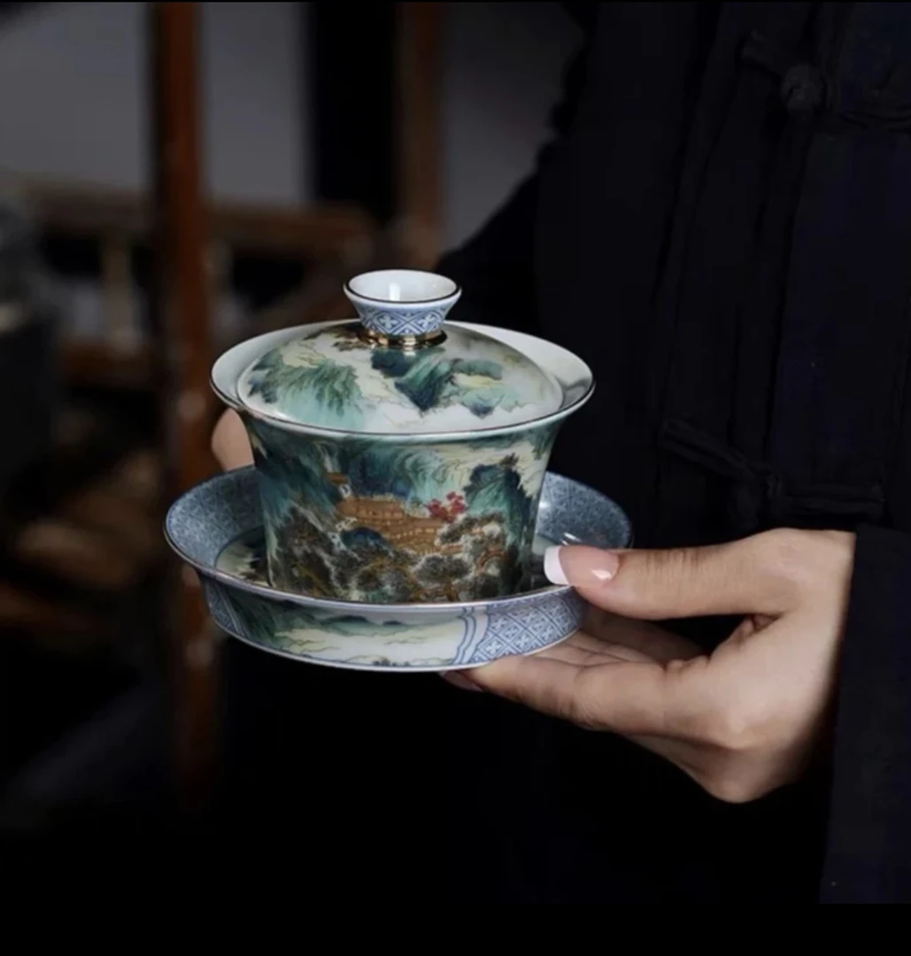 景德镇手工珐琅彩山水三才盖碗不烫手泡茶碗家用陶瓷功夫茶具
