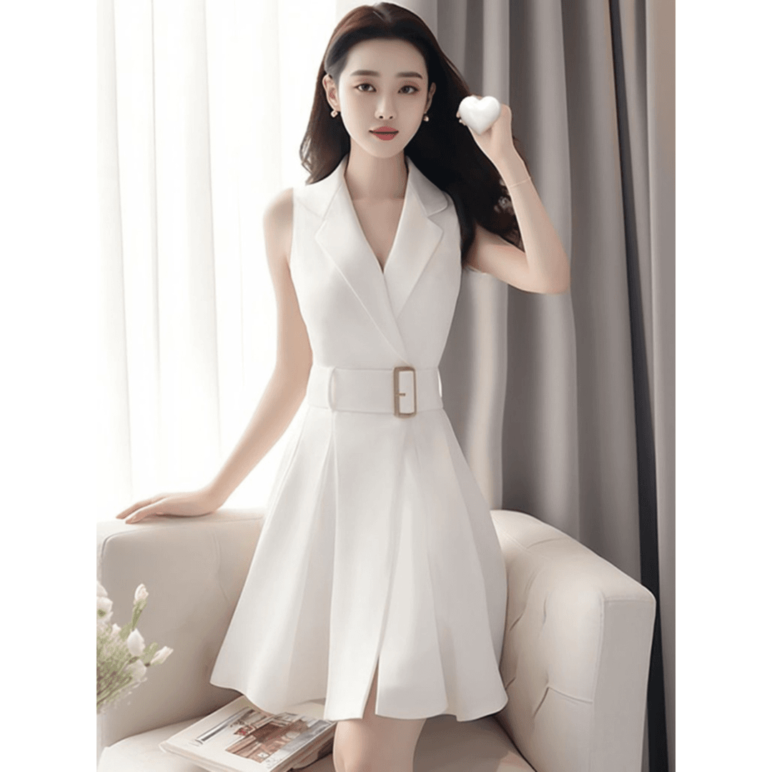 夏季新款时尚爆款气质高级感洋气女神范收腰甜辣白色无袖连衣裙女