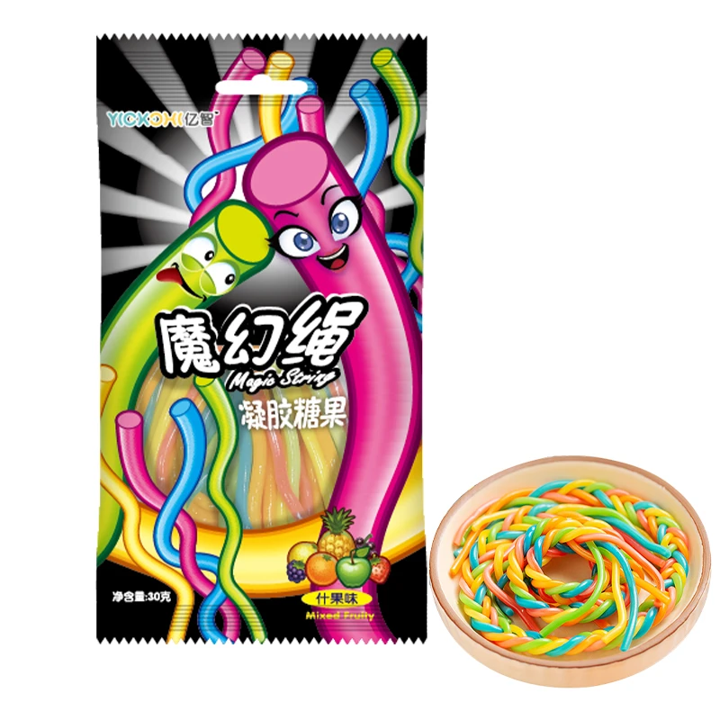 亿智魔幻绳五彩绳软糖混合水果味酸爽休闲零食糖果30g酸条