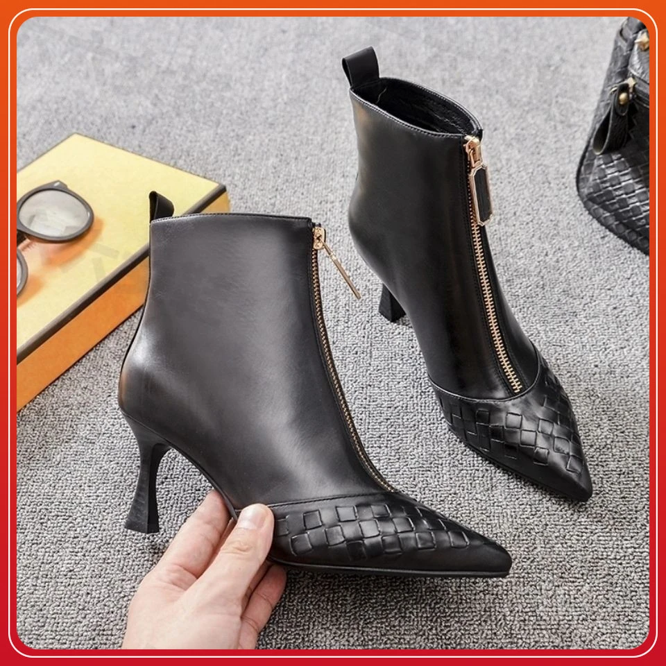 真软皮2024秋冬新款百搭尖头细跟软底高跟鞋英伦风时尚编织气质女