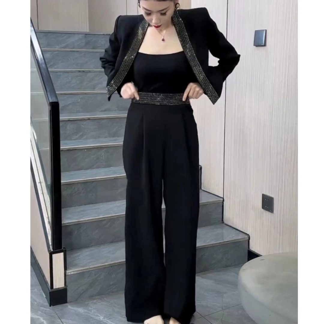 2024年早秋网红新款时尚套装女法式轻奢重工烫钻西服显瘦阔腿裤