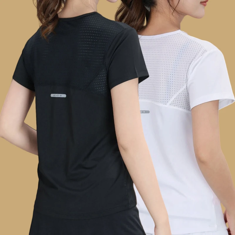 女士速干运动t恤夏季宽松圆领上衣跑步休闲短袖显瘦弹力透气健身