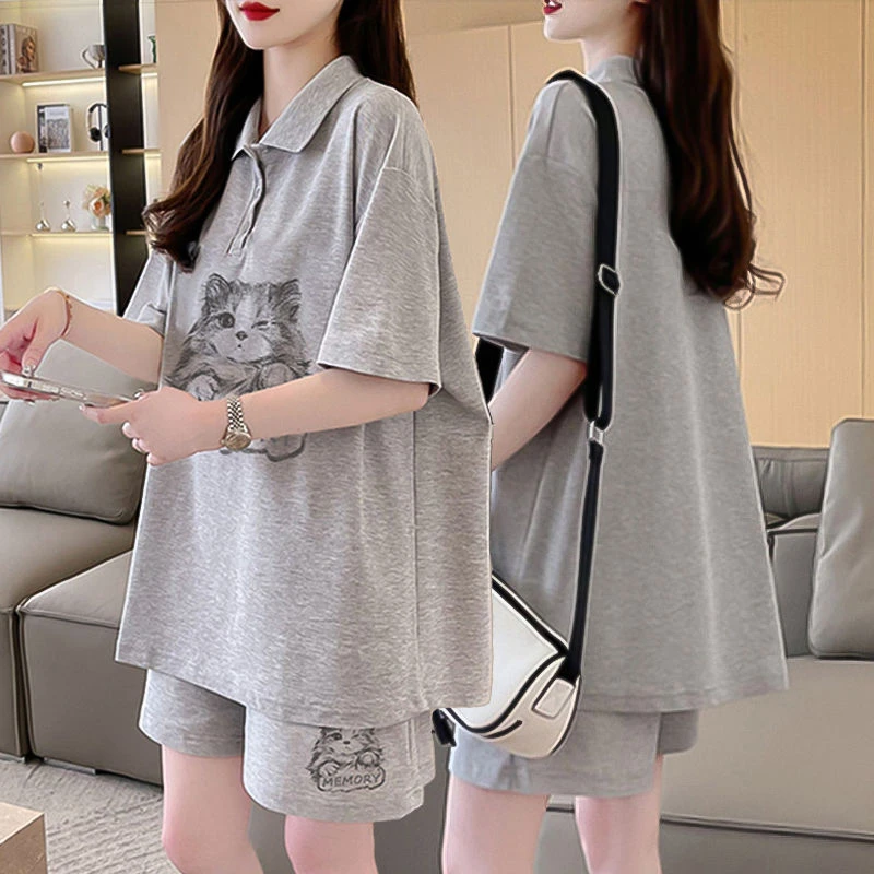 胖mm宽松大码纯棉运动套装女夏季2024新款韩版短袖短裤网红两件套